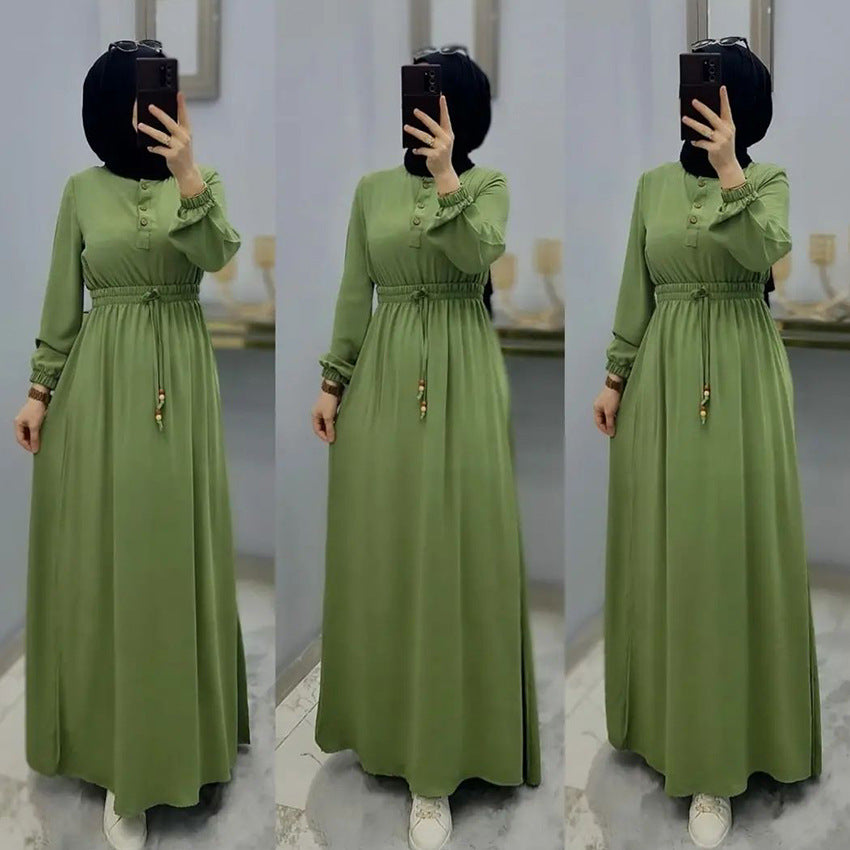 DZ0007 Fashionable Muslim long elegant slim fit loose waisted long sleeve dress