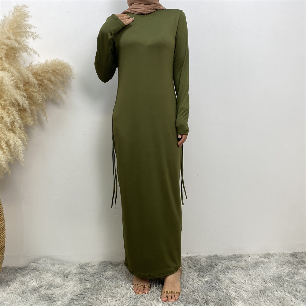 6736 Arabian solid color long-sleeved dress women's side drawstring bottoming shirt - MinYang Fashion Apparel Accessory Manufacturer