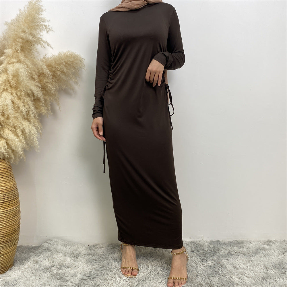6736 Arabian solid color long-sleeved dress women's side drawstring bottoming shirt - MinYang Fashion Apparel Accessory Manufacturer