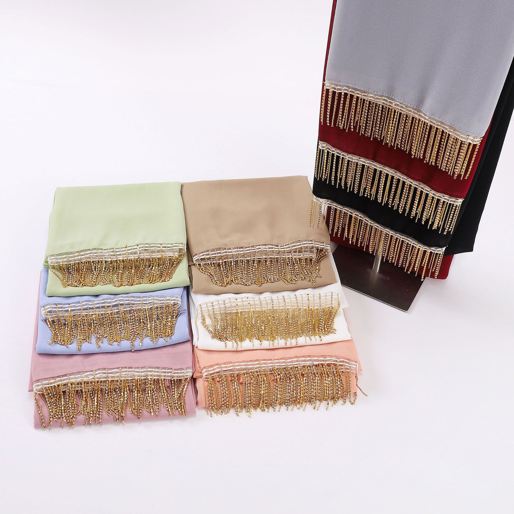 W-1126 Pearl Chiffon Diamond Tassel Long Scarf