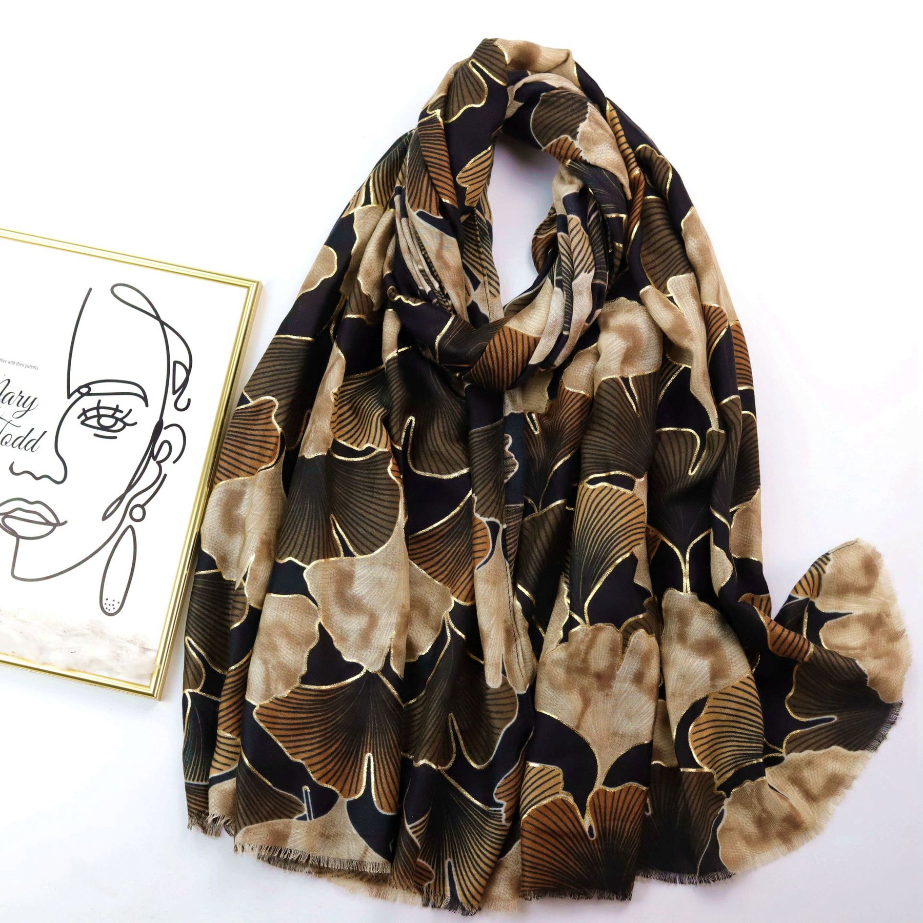 221006 stamping ginkgo printed scarf - MinYang Fashion Apparel Accessory Manufacturer