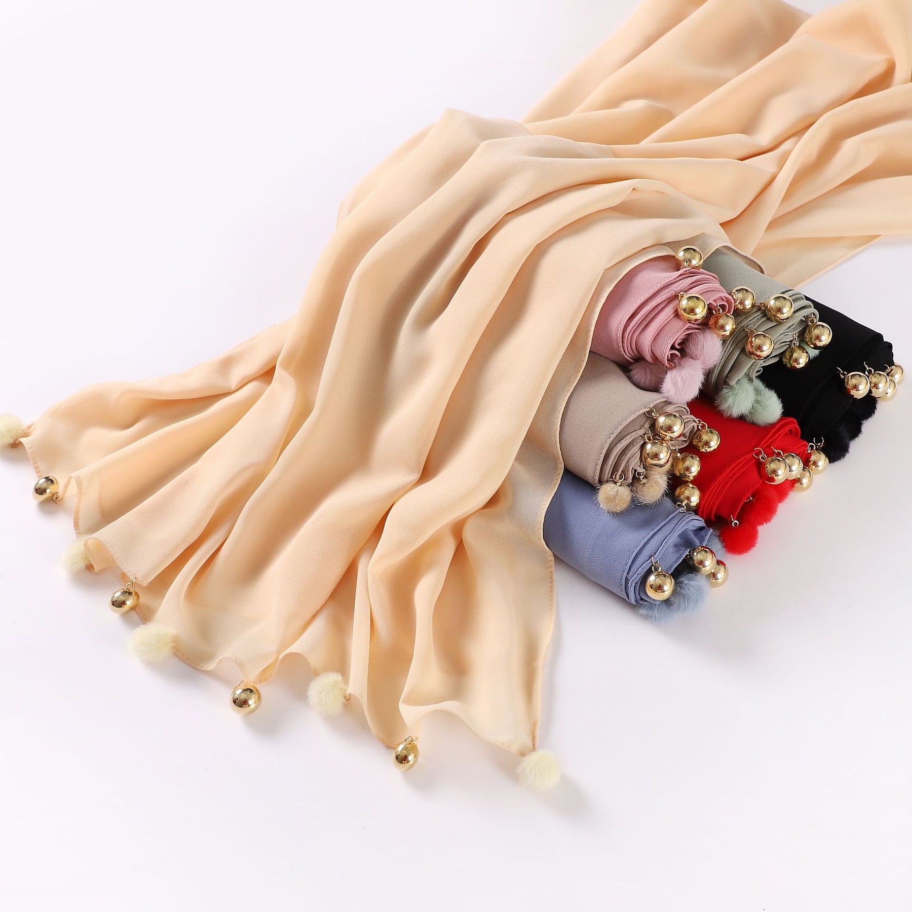w-0080 plain pearl chiffon Plush ball bell hijab scarf - MinYang Fashion Apparel Accessory Manufacturer