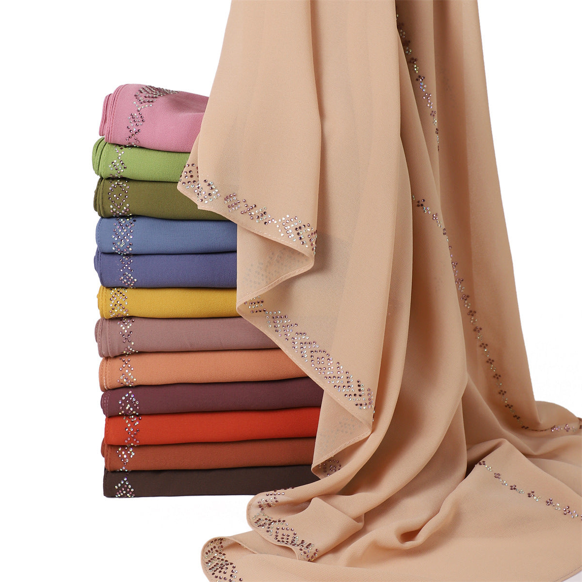 YZ194 Diamond chain, hot diamond pearl chiffon scarf, silver long headscarf hijab hijab/tudung handmade Crystal rhinestone - MinYang Fashion Apparel Accessory Manufacturer