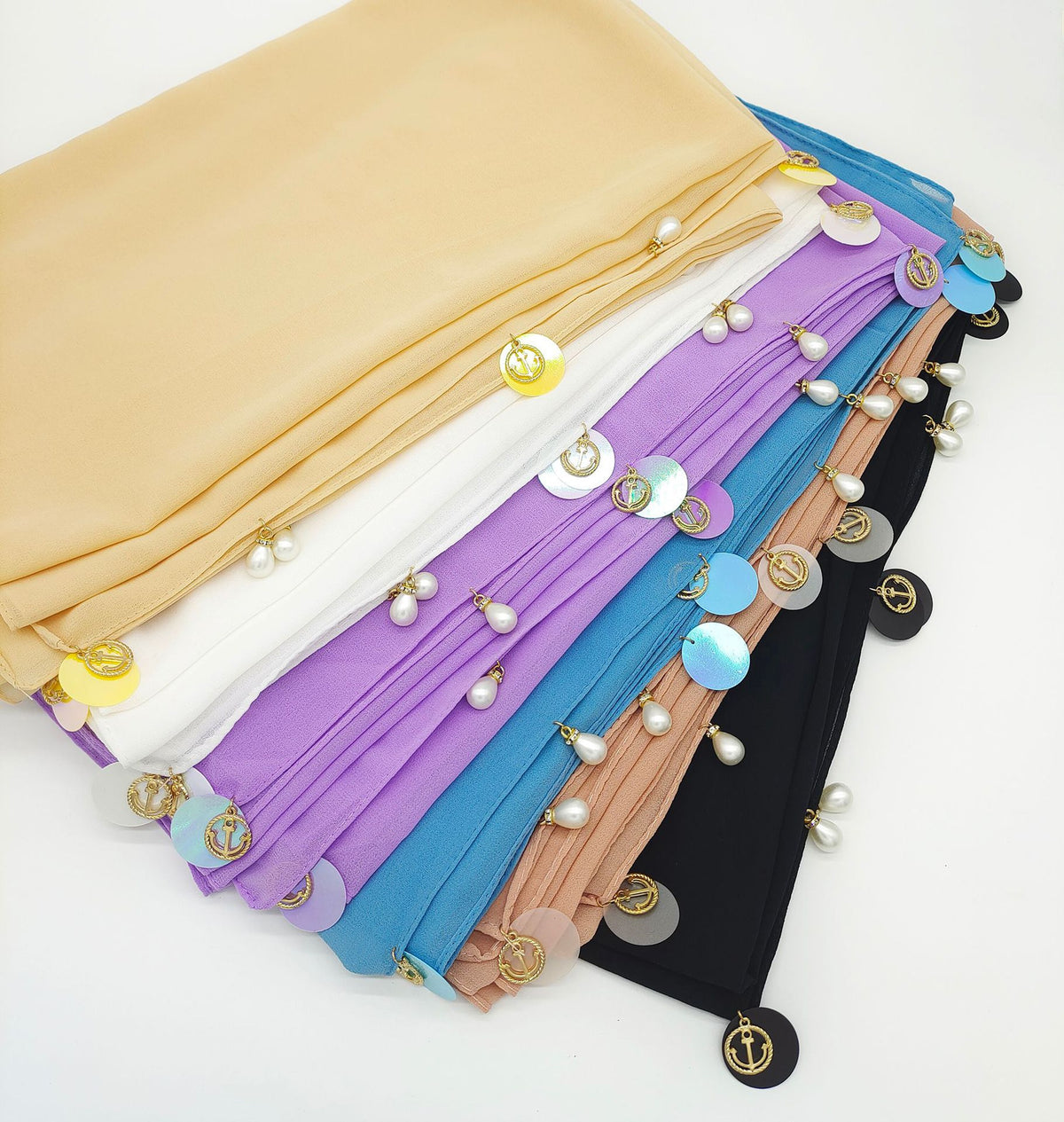 W-0137 Solid color pearl chiffon scarf hijab sequined gauze scarf - MinYang Fashion Apparel Accessory Manufacturer