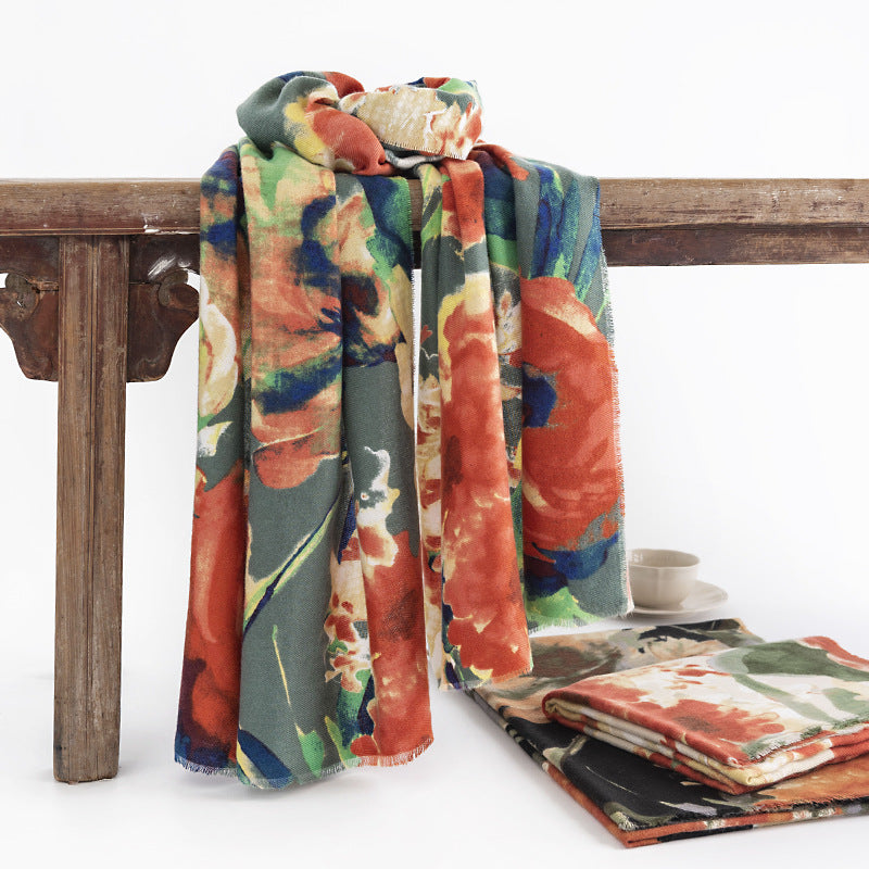 FH23-5404 Elegant Chinese style printed warm shawl scarf winter scarf