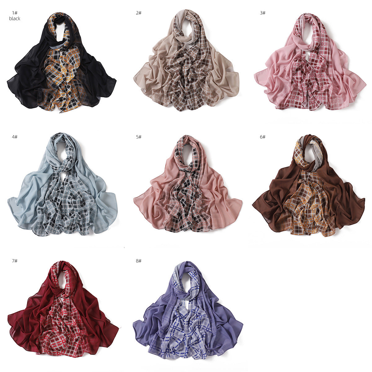 YZ209 Pearl chiffon solid color plus plaid hand-painted gradient gauze scarf sunscreen shawl hijab hijab/tudung printed hijab printed scarf - MinYang Fashion Apparel Accessory Manufacturer