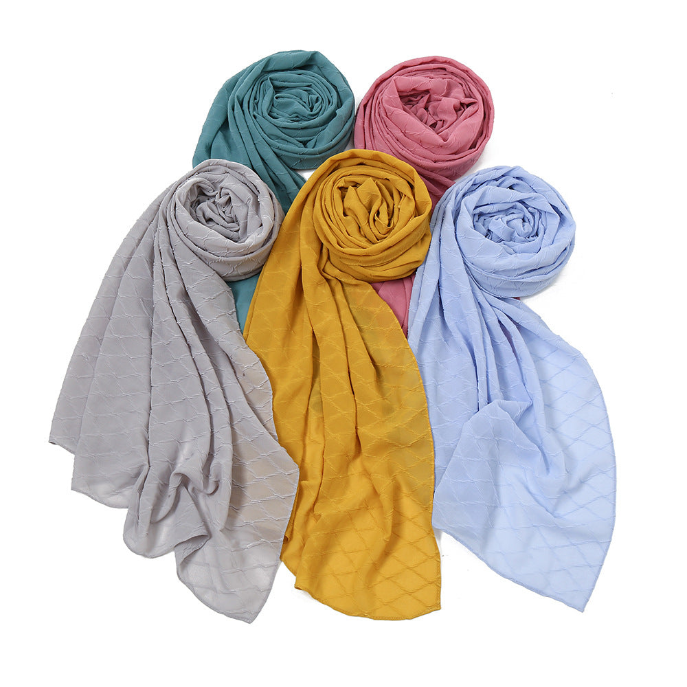 YW153 plain pleated rhombus lattice pearl chiffon hijab - MinYang Fashion Apparel Accessory Manufacturer