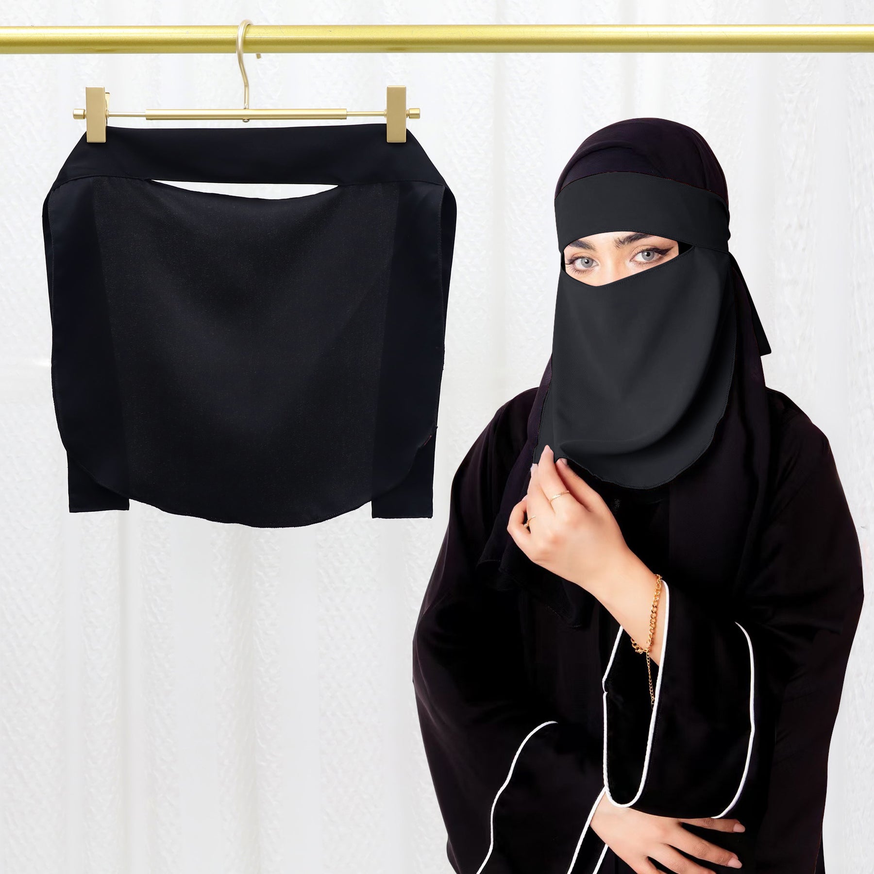 NA16-012 Black lace-up sun mask and hijab cap 2 pieces minimum order