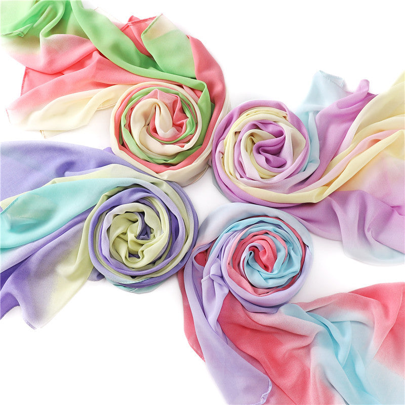 YZ19 Candy color print gradient rainbow stripe pearl chiffon hijab hijab/tudung printed hijab printed scarf Gradient