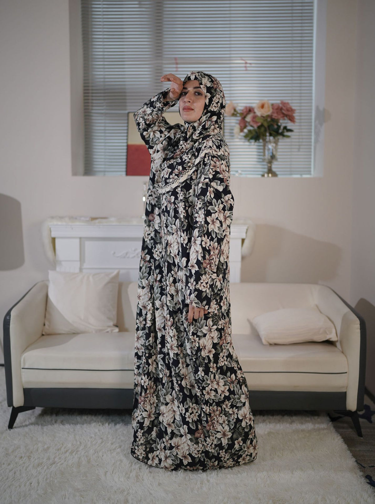 9797 Middle East plus size women's new Muslim lace hooded prayer robe fashion African flower robe dress - MinYang Fashion Apparel Accessory Manufacturer