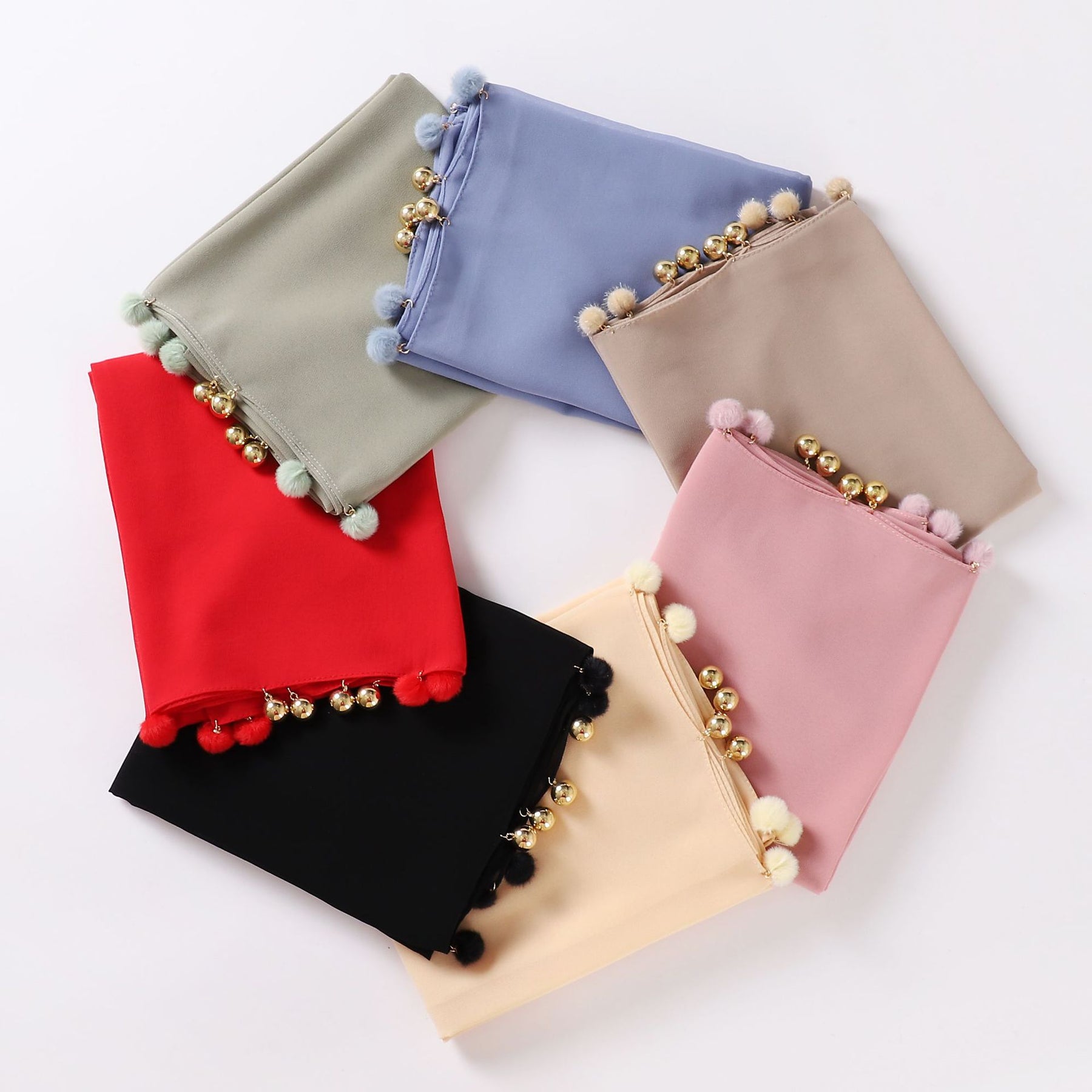 w-0080 plain pearl chiffon Plush ball bell hijab scarf - MinYang Fashion Apparel Accessory Manufacturer