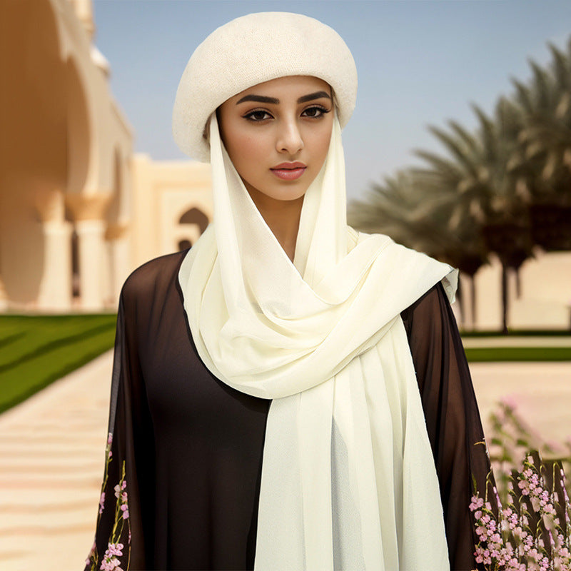 YW312 Women's scarf and hat set solid color pearl chiffon beret - MinYang Fashion Apparel Accessory Manufacturer