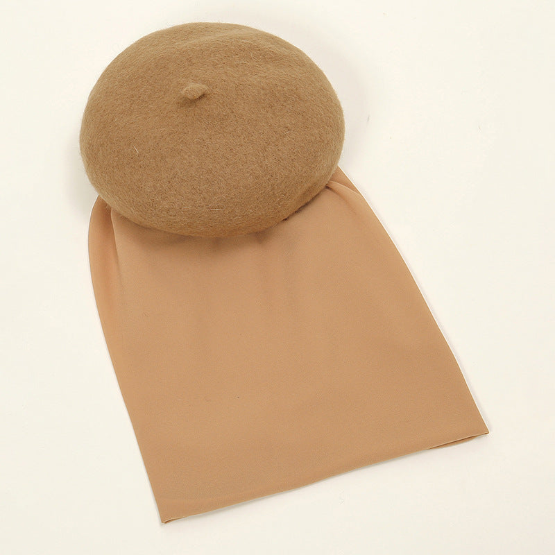 YW312 Women's scarf and hat set solid color pearl chiffon beret - MinYang Fashion Apparel Accessory Manufacturer