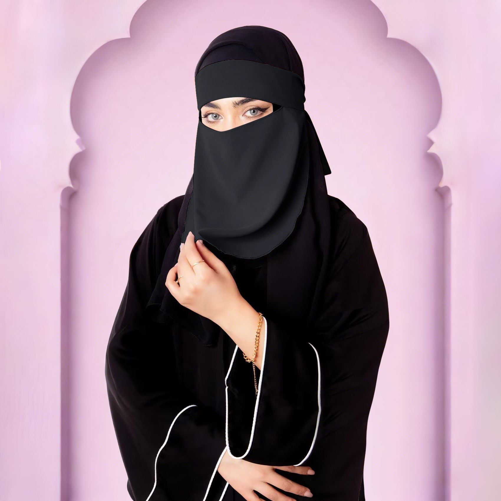 NA16-012 Black lace-up sun mask and hijab cap 2 pieces minimum order