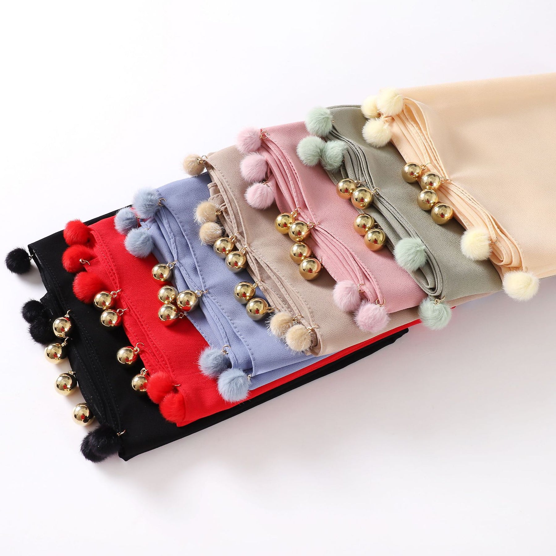 w-0080 plain pearl chiffon Plush ball bell hijab scarf - MinYang Fashion Apparel Accessory Manufacturer