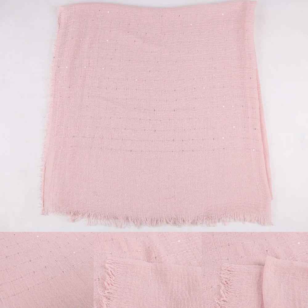 XUXU04 Plain Linen-Cotton Hijab with Raw Edge, Wrinkled Texture, and Sequins