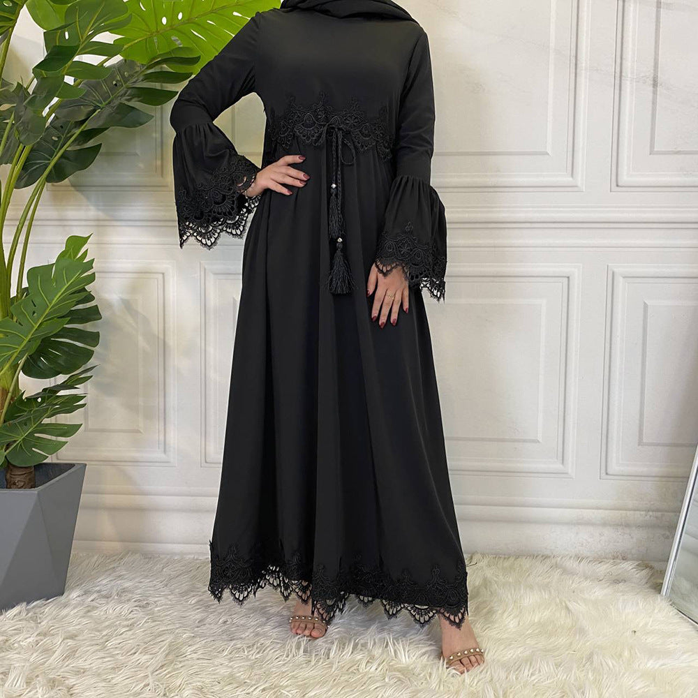 16001 plain Lace stitching muslim abaya dress
