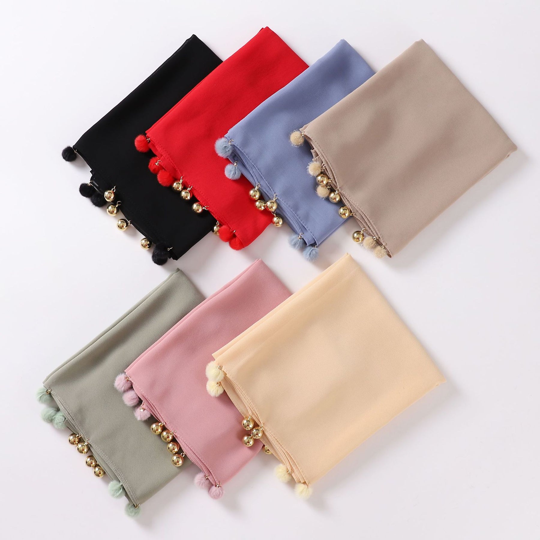 w-0080 plain pearl chiffon Plush ball bell hijab scarf - MinYang Fashion Apparel Accessory Manufacturer