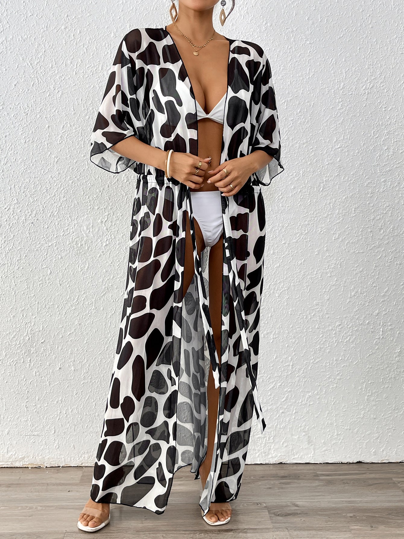 A12267 Batwing Sleeve Tie Waist Leopard Print Mesh Beach Bikini Cover Up - MinYang Fashion Apparel Accessory Manufacturer