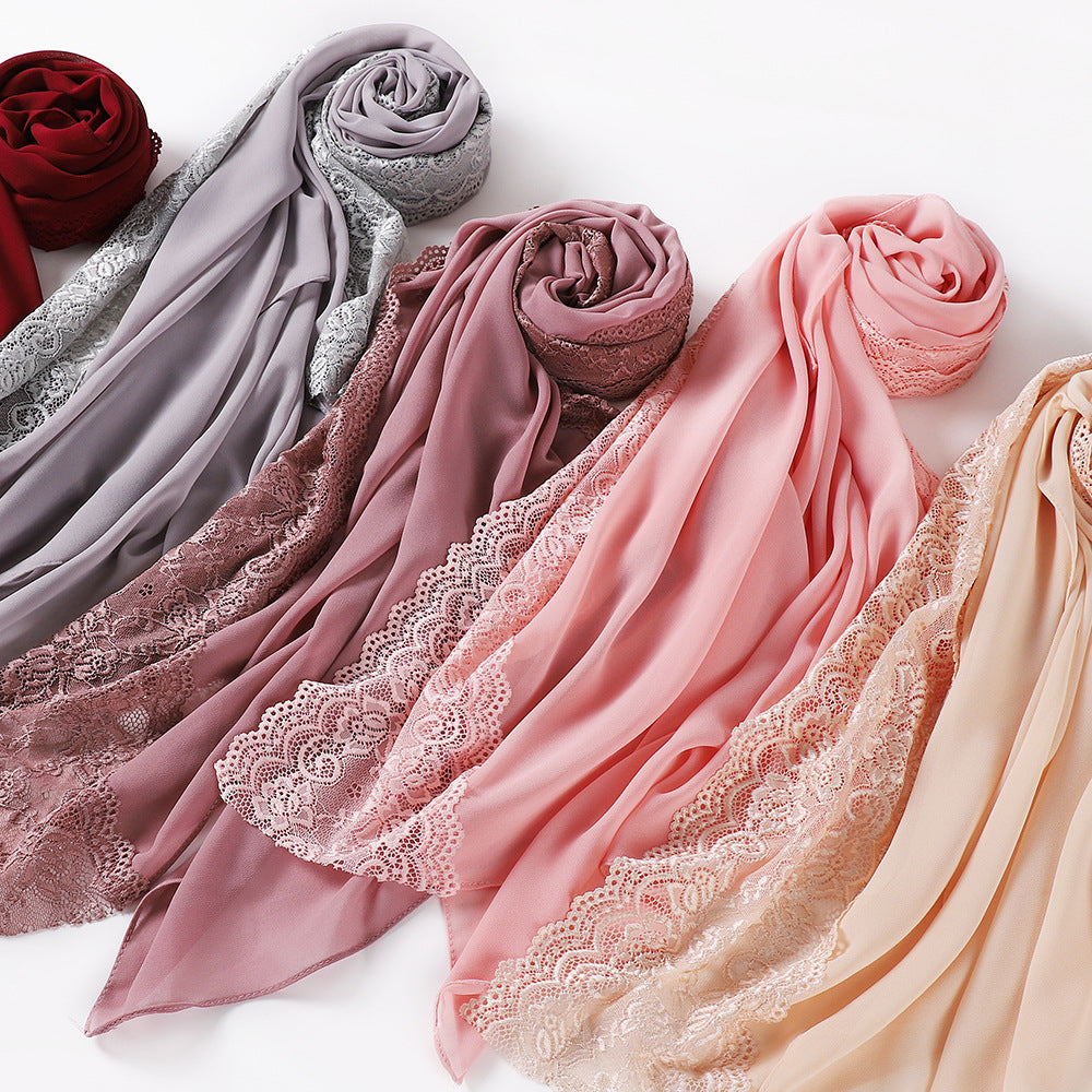 TJ078 tudung tudung lace lace pearl chiffon plain