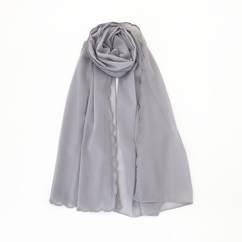 WJA46 plain pearl chiffon embroidery edge hijab scarf - MinYang Fashion Apparel Accessory Manufacturer