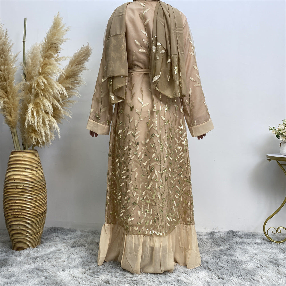 1711 Leaf embroidery sequin abaya muslim dress