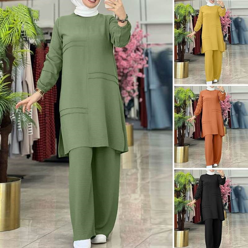 L8052 Solid color long-sleeved shirt wide-leg pants suit