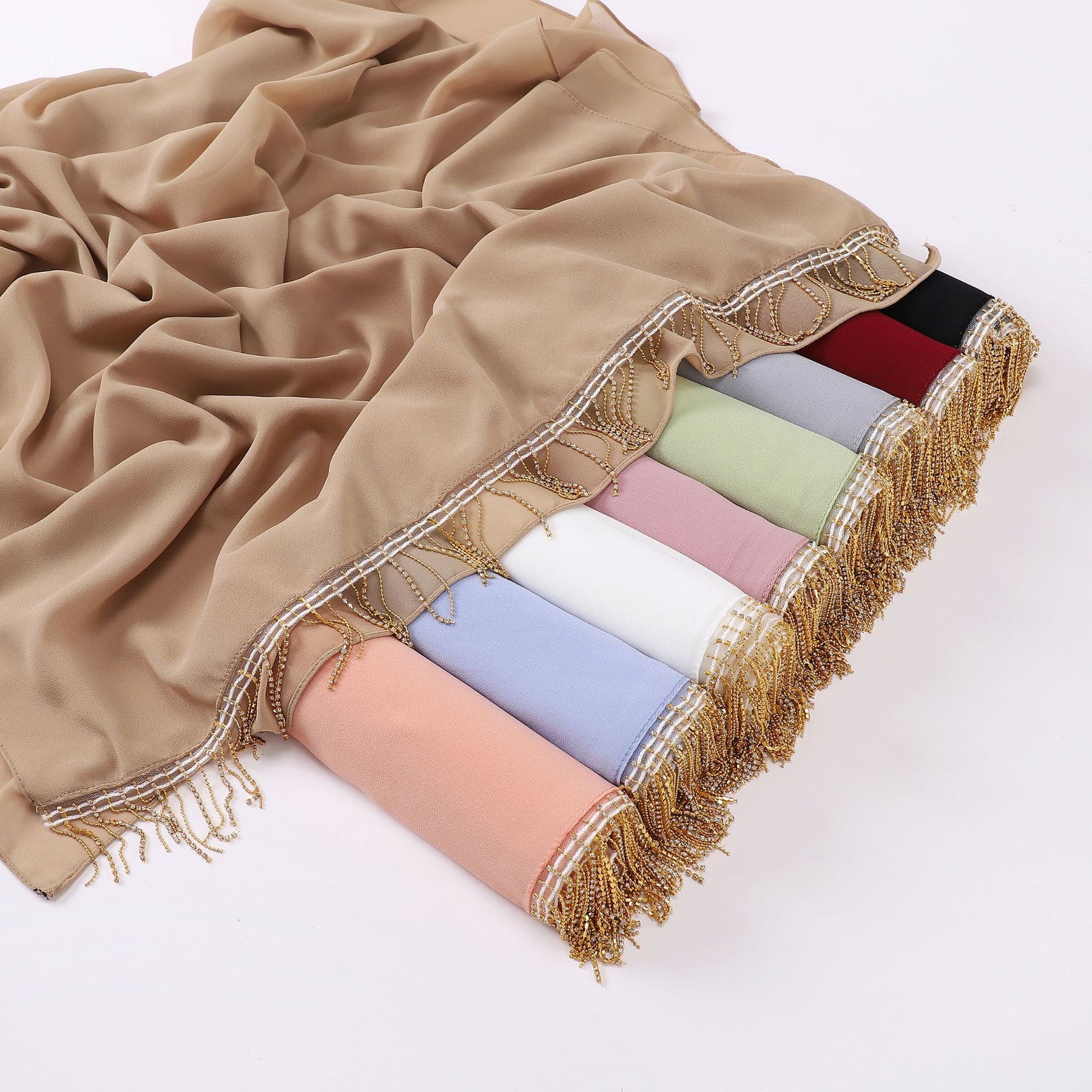 W-1126 Pearl Chiffon Diamond Tassel Long Scarf