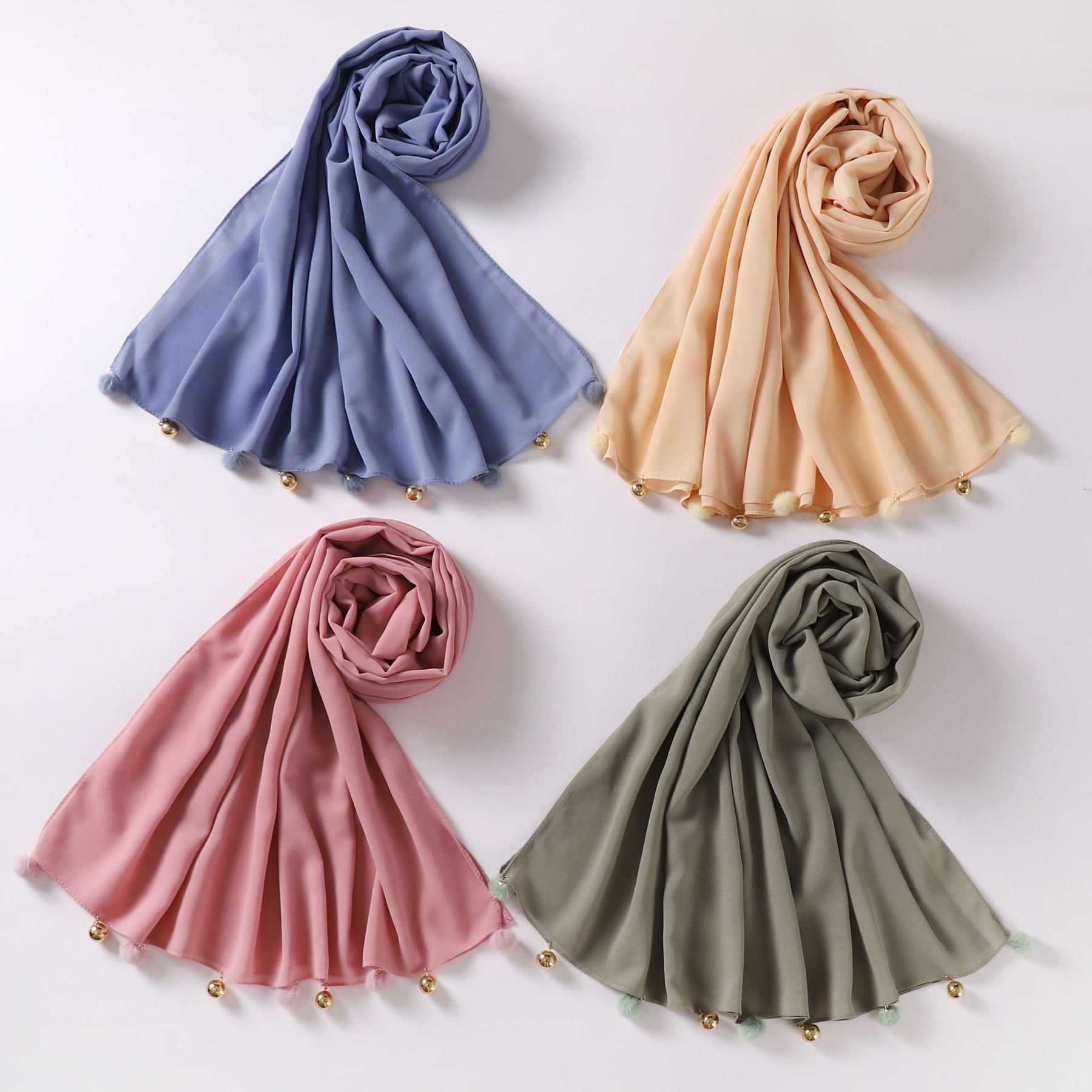 w-0080 plain pearl chiffon Plush ball bell hijab scarf - MinYang Fashion Apparel Accessory Manufacturer