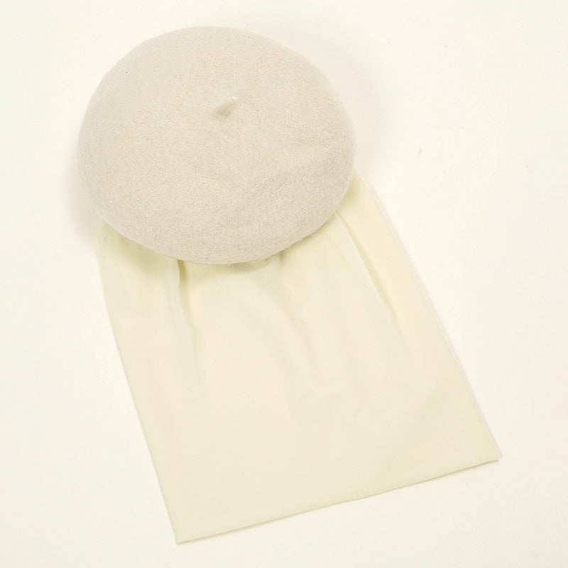 YW312 Women's scarf and hat set solid color pearl chiffon beret - MinYang Fashion Apparel Accessory Manufacturer