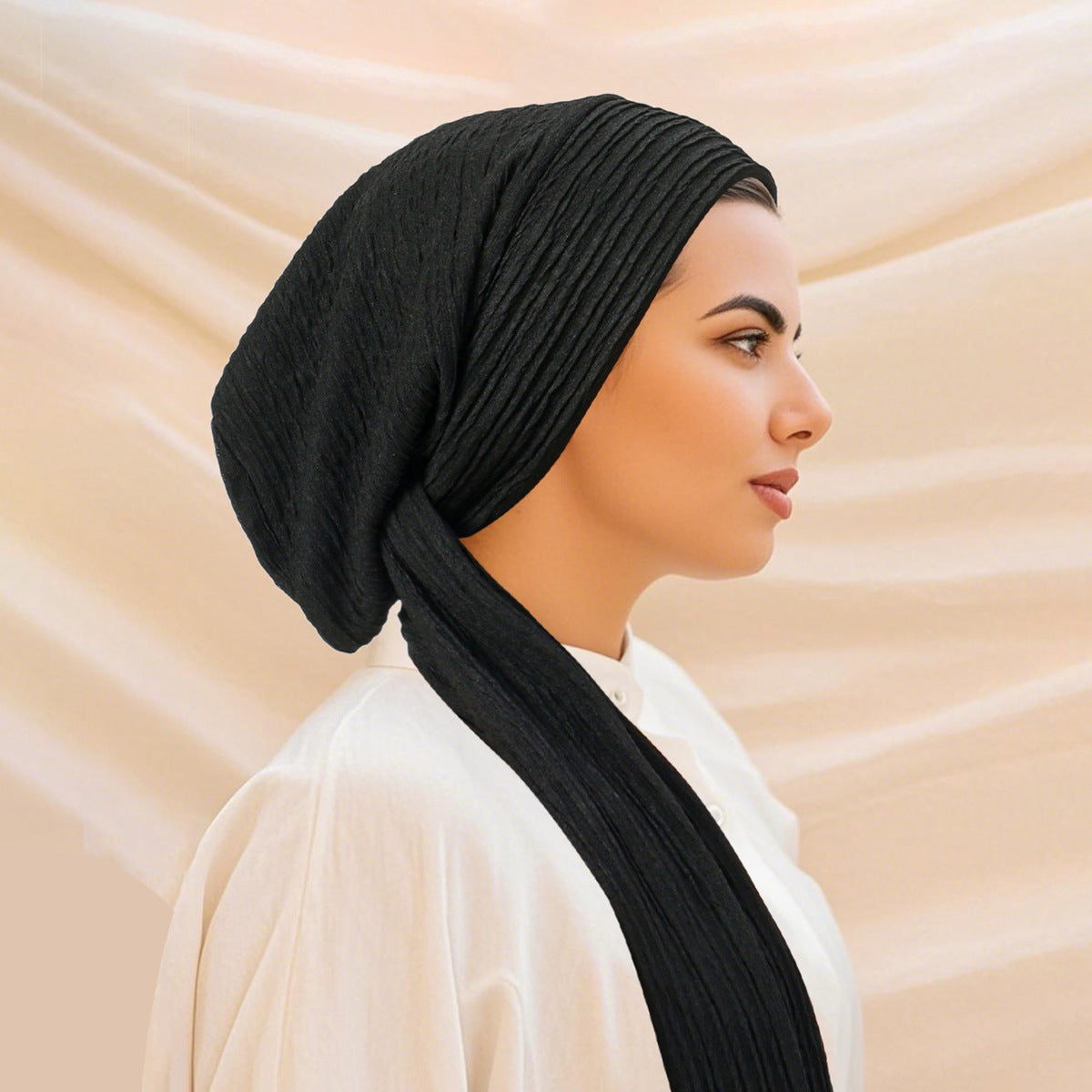 QD040 Solid color elastic wrinkled long tail cap
