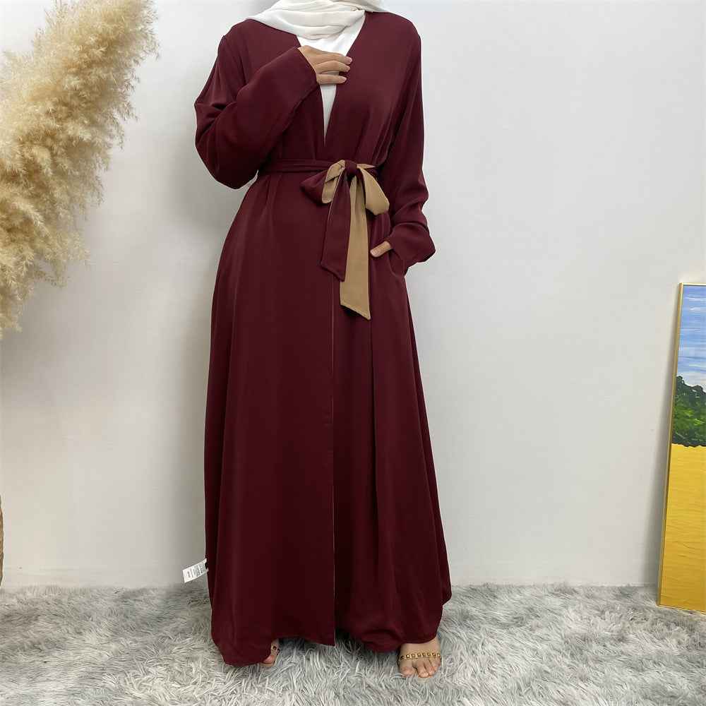 1991 Solid color reversible cardigan with pockets and tie abaya