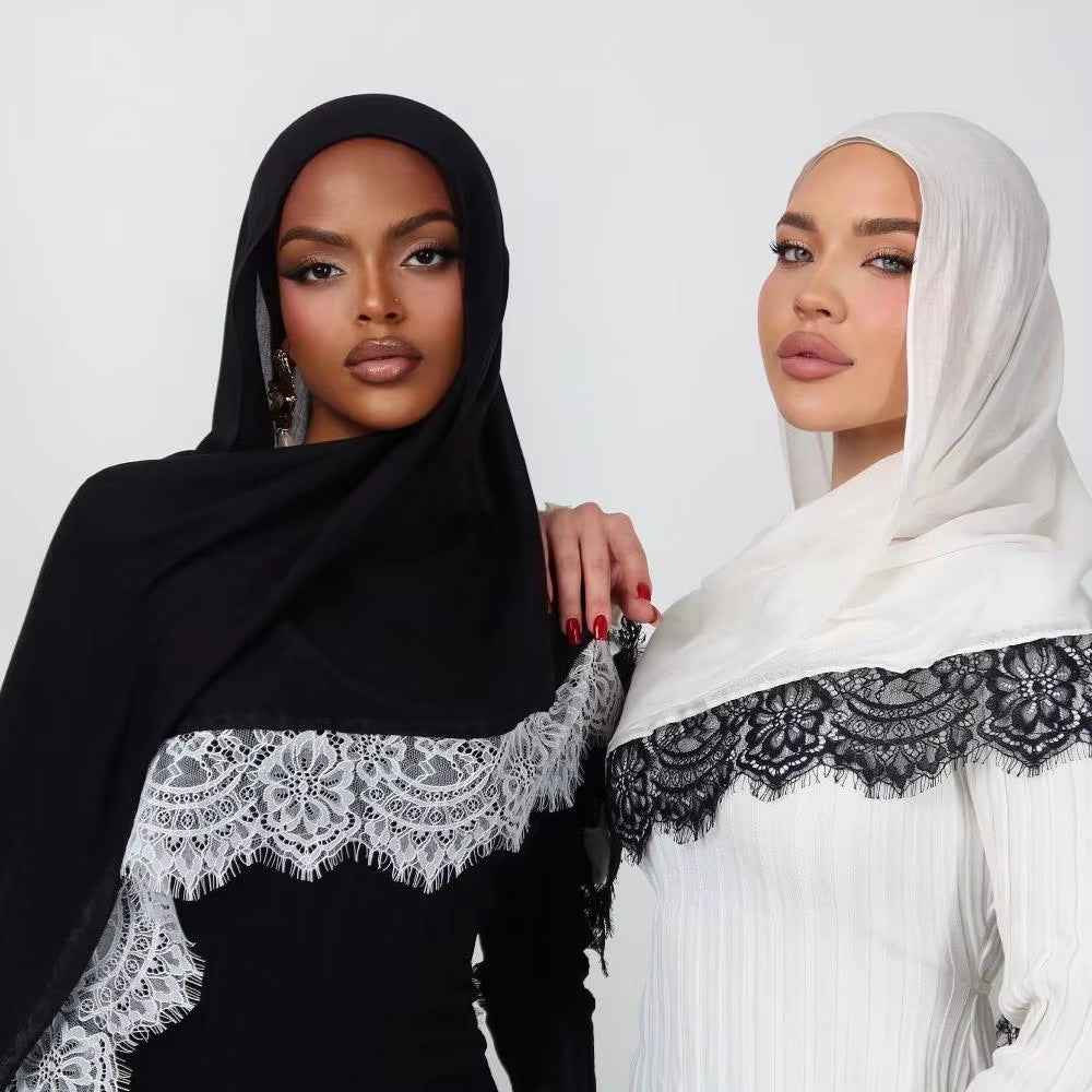 WJ079 Plain Cotton Hijab with Lace Trim