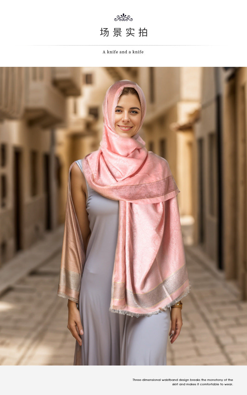 03-7 Selendang sutera berjalur selendang persegi selendang pelindung matahari gaya eksotik mewah mewah Eropah dan Amerika Syarikat jualan panas selendang sutera besar kasual tudung polos bercetak selendang bercetak tudung hijab/tudung