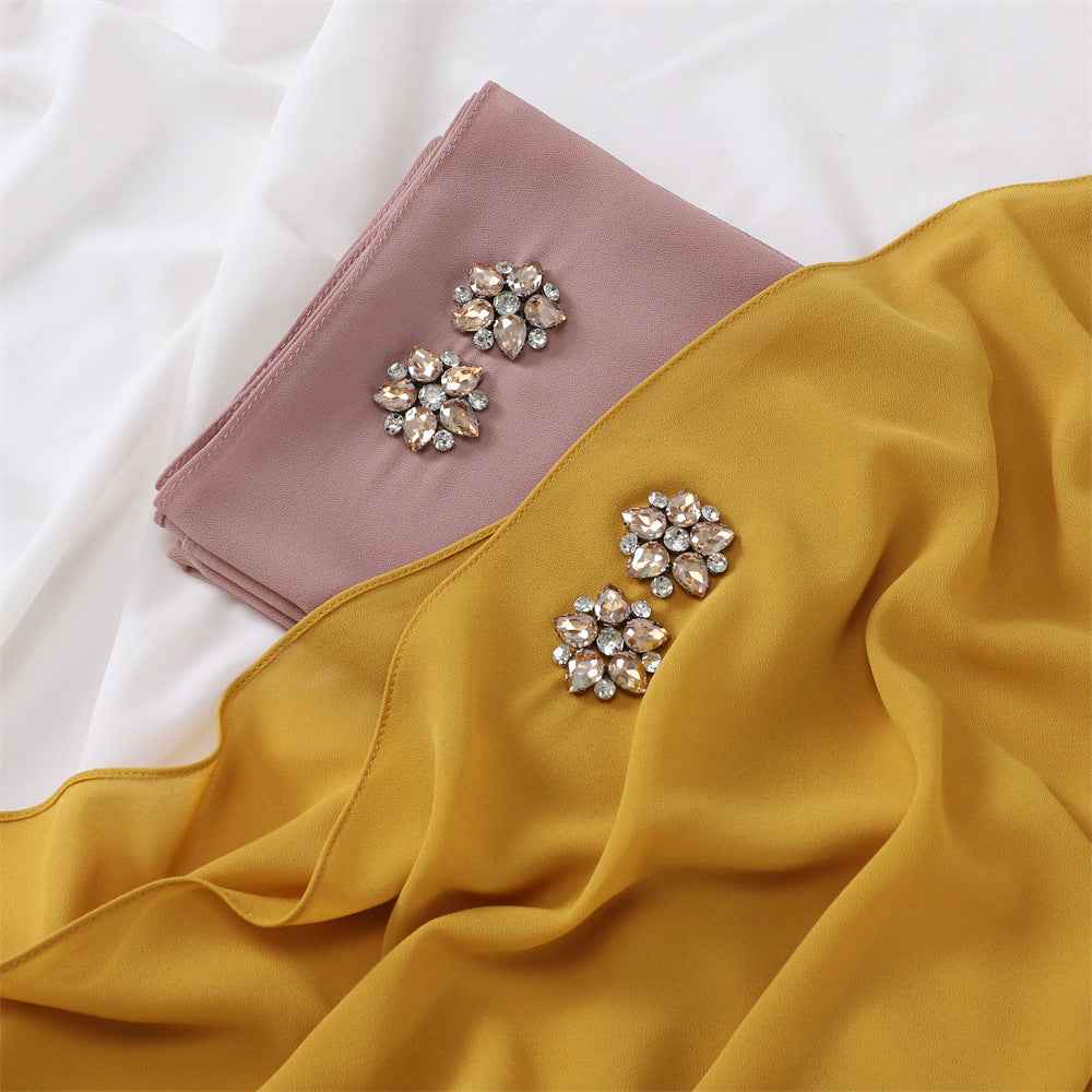 YZ133 Plain Pearl Chiffon Hijab with Hand-Set Crystals & Straight Hem