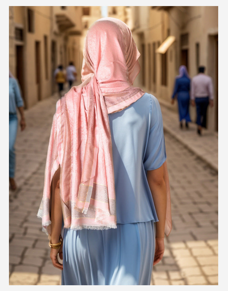 03-7 Selendang sutera berjalur selendang persegi selendang pelindung matahari gaya eksotik mewah mewah Eropah dan Amerika Syarikat jualan panas selendang sutera besar kasual tudung polos bercetak selendang bercetak tudung hijab/tudung