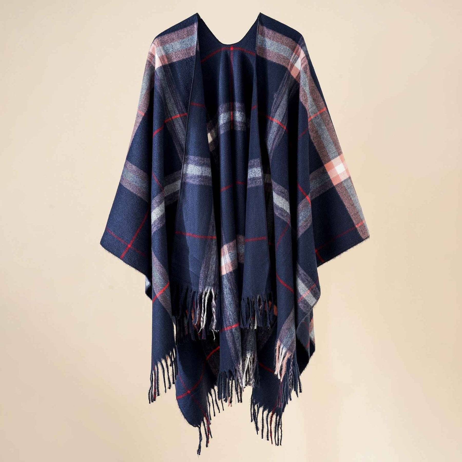 Plaid blanket warm fringed cardigan shawl for autumn and winter