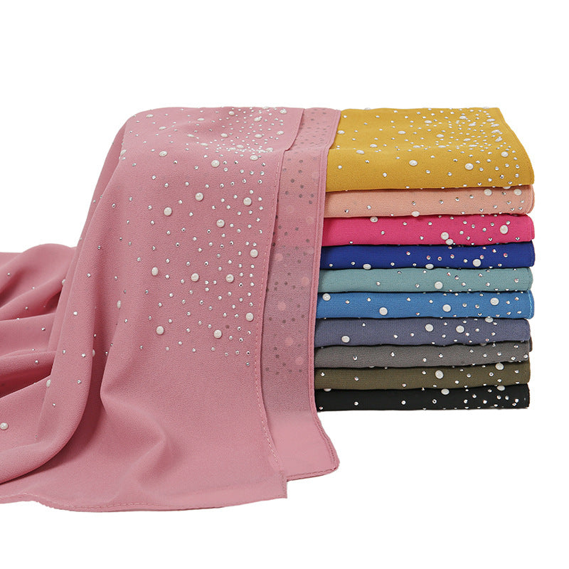 YS021 Pearl Chiffon Diamond Long Scarf for Women - MOQ:2 - MinYang Fashion Apparel Accessory Manufacturer
