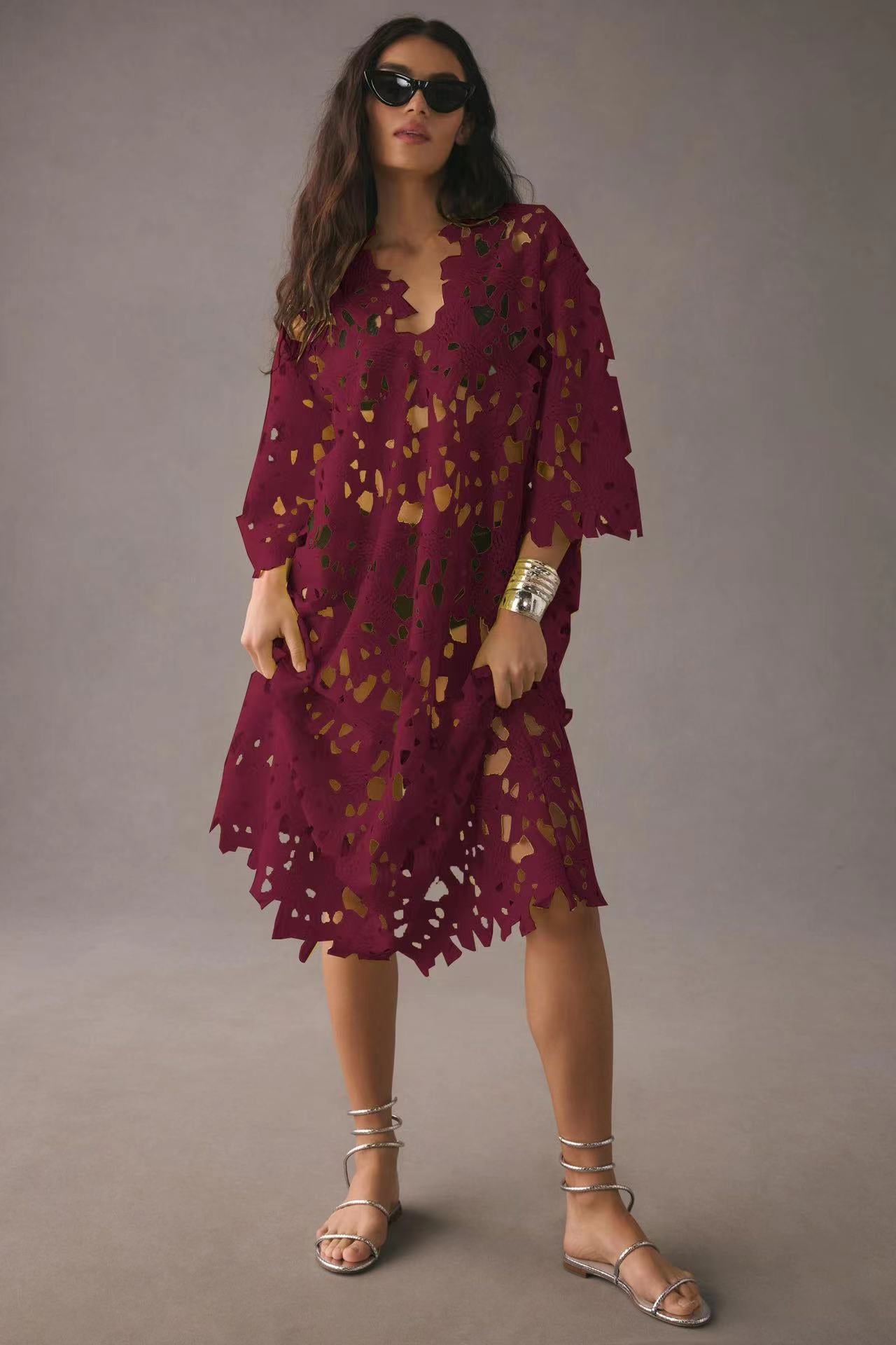 2387 Casual Loose Beach Vacation Cover Up Lace Shirt