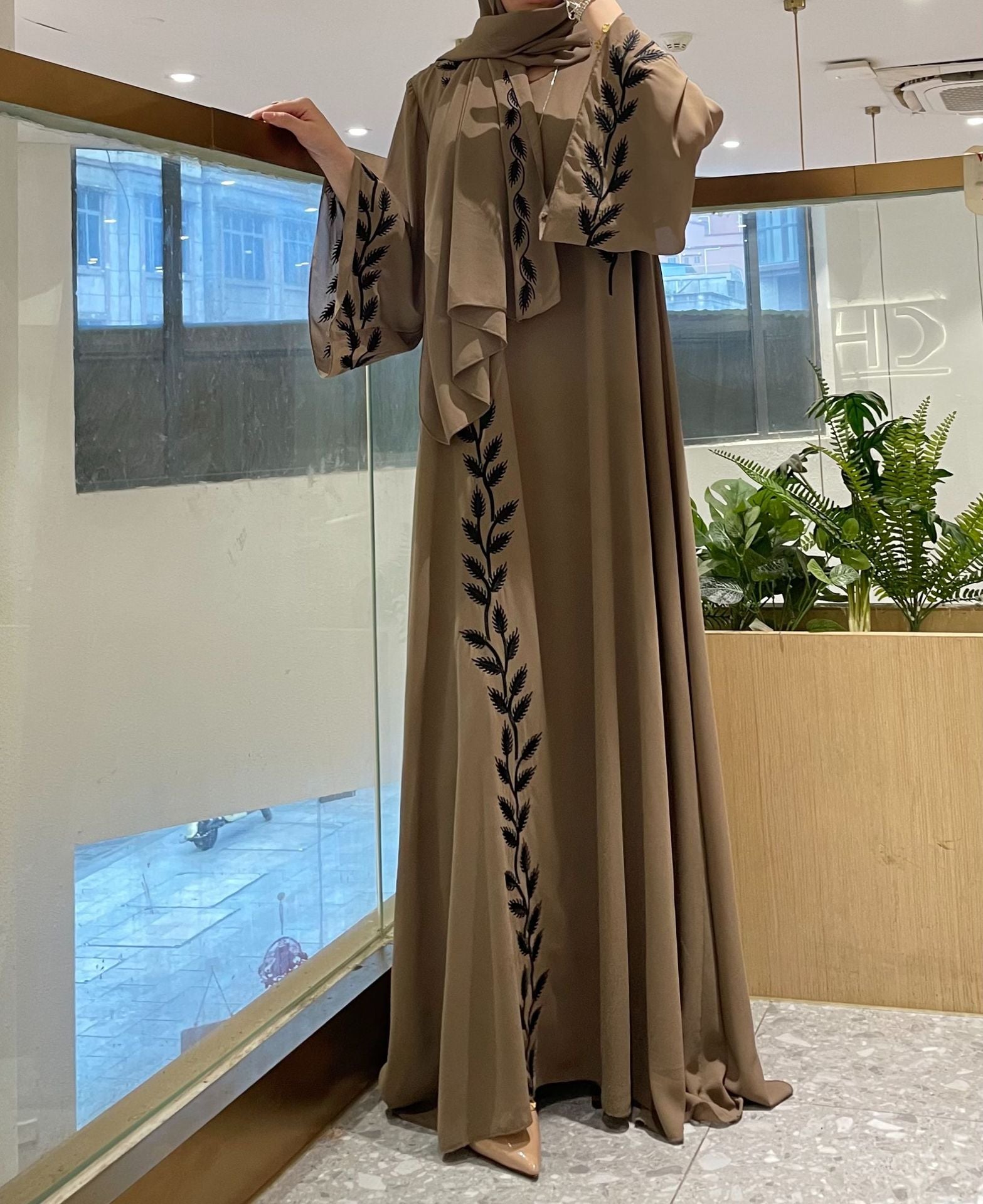 YM01 Chiffon Pink Round Neck Plant Embroidery Dress(abaya+hijab)