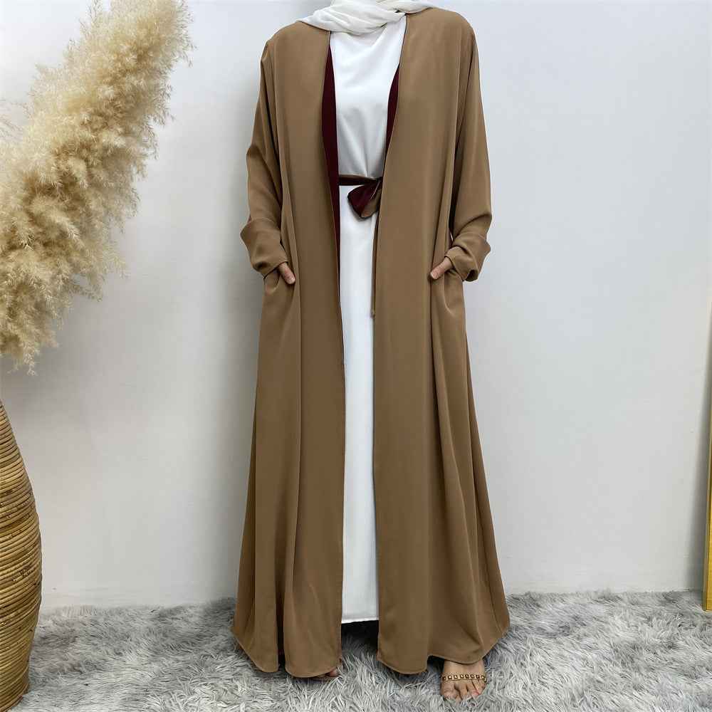 1991 Solid color reversible cardigan with pockets and tie abaya