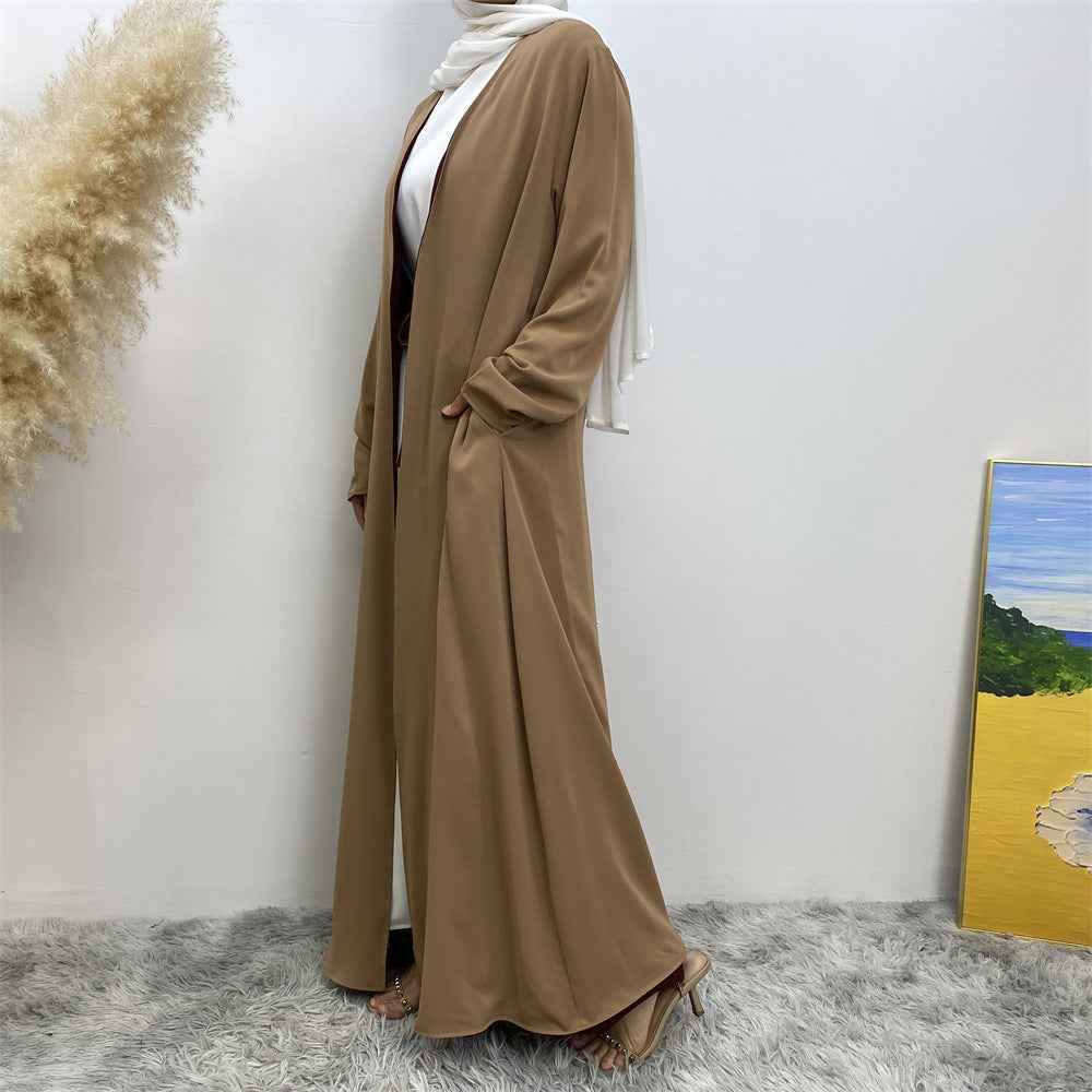 1991 Solid color reversible cardigan with pockets and tie abaya