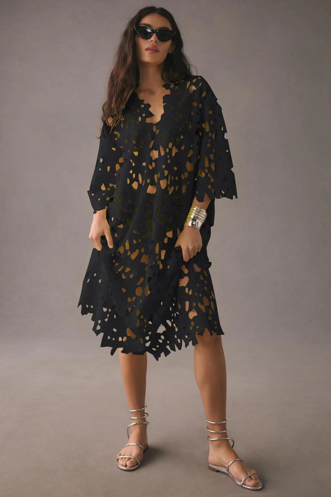 2387 Casual Loose Beach Vacation Cover Up Lace Shirt
