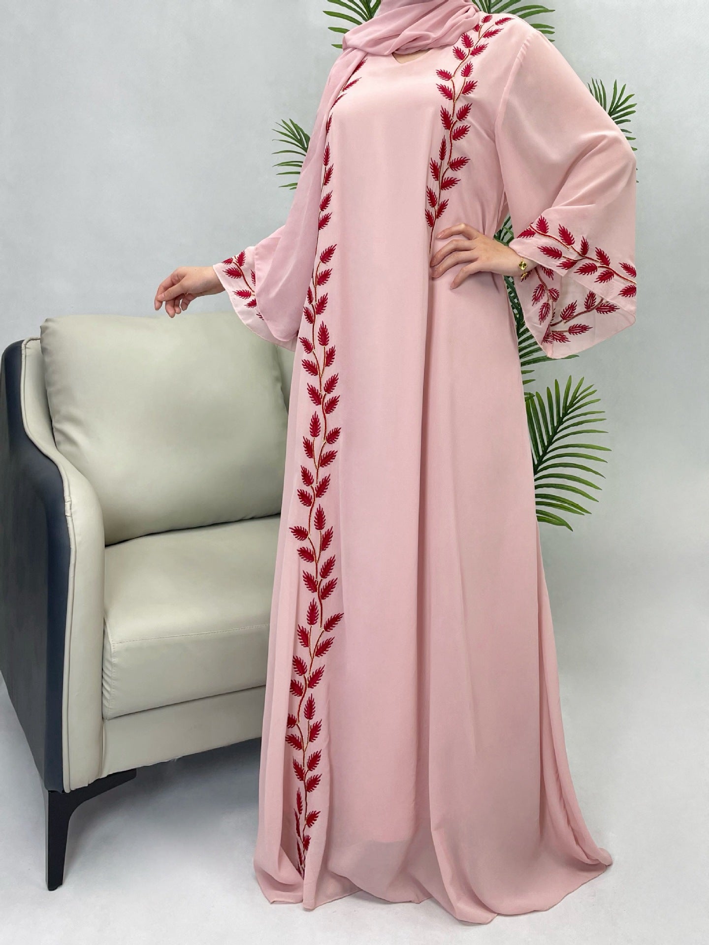 YM01 Chiffon Pink Round Neck Plant Embroidery Dress(abaya+hijab)