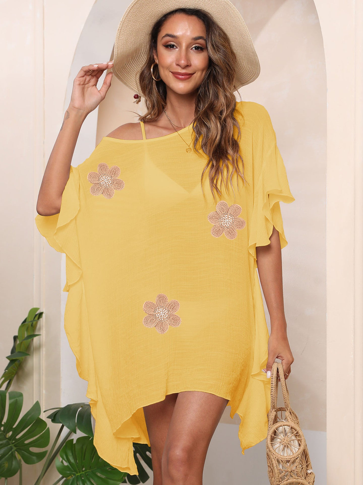 Z79200 Ruffle Solid Loose Beach Cover-up Dress