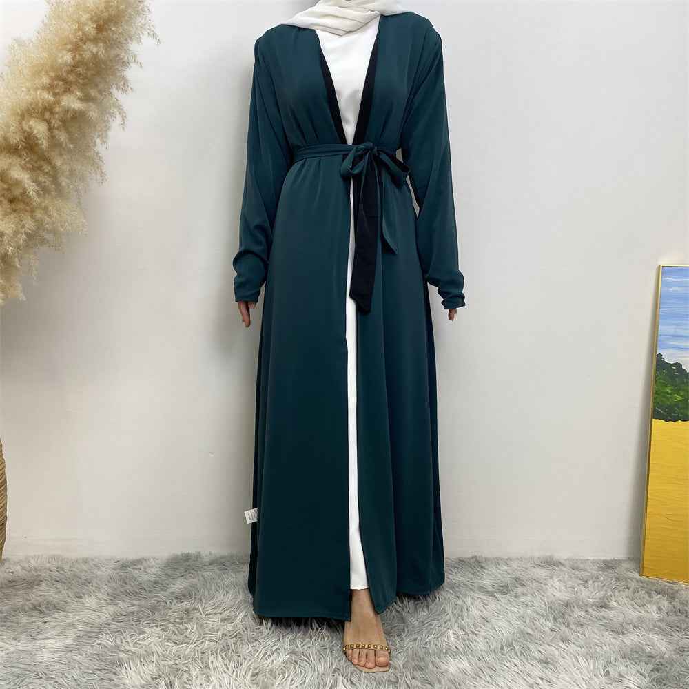 1991 Solid color reversible cardigan with pockets and tie abaya