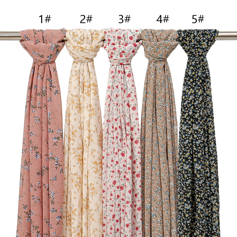 YW332 Fresh floral chiffon print long scarf for women in stock Hot selling small floral long shawl plain hijab hijab/tudung printed hijab