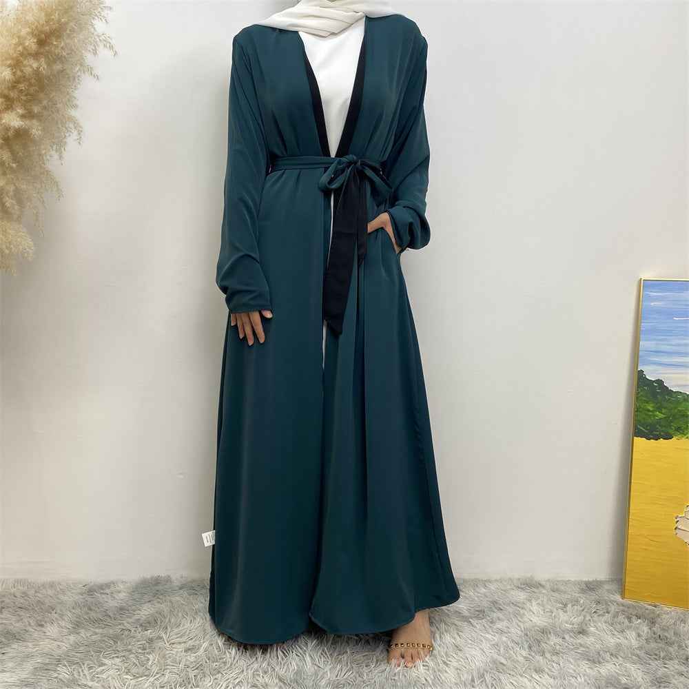 1991 Solid color reversible cardigan with pockets and tie abaya