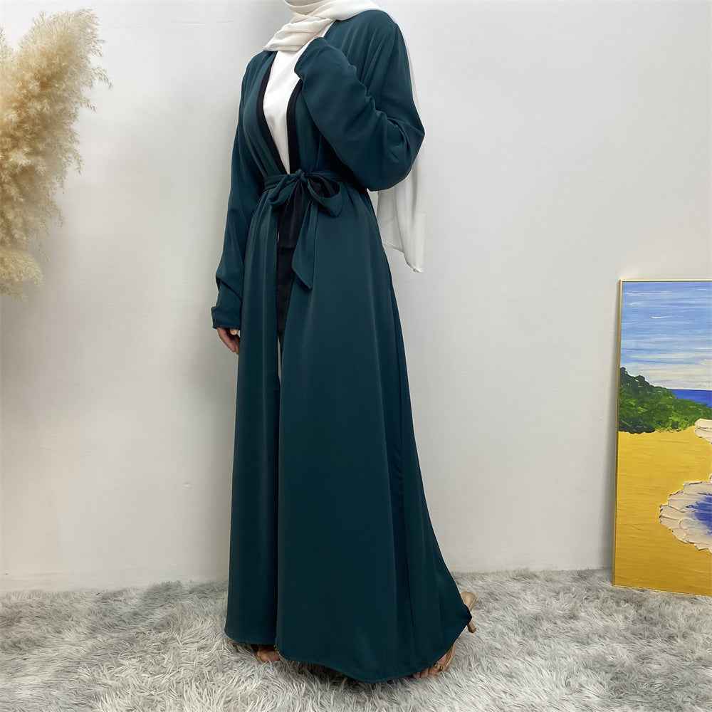 1991 Solid color reversible cardigan with pockets and tie abaya