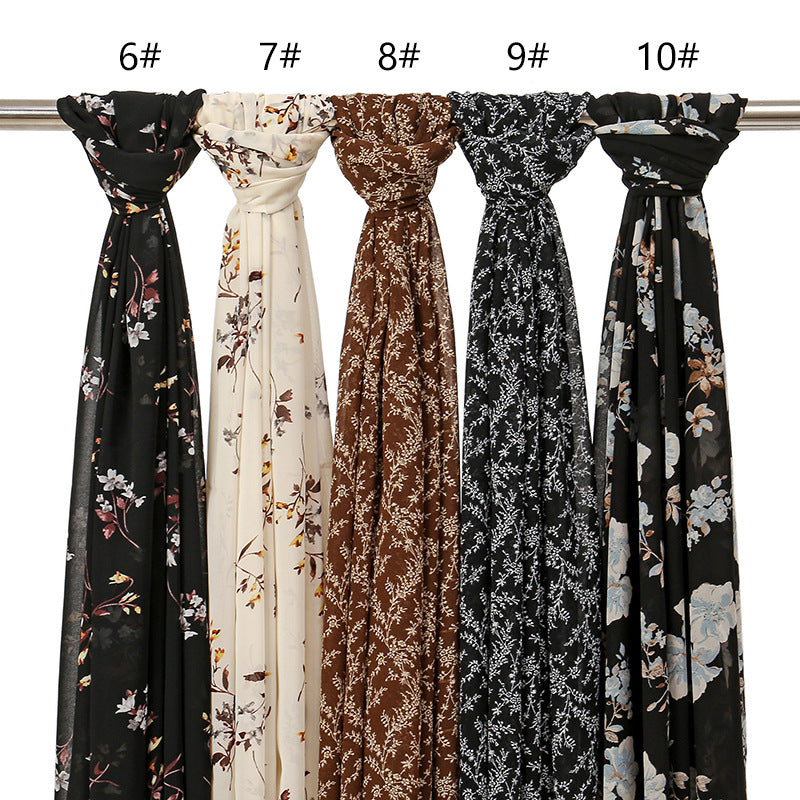 YW332 Fresh floral chiffon print long scarf for women in stock Hot selling small floral long shawl plain hijab hijab/tudung printed hijab